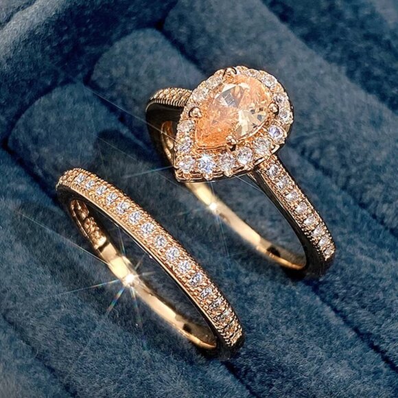 NEW 18k Gold Champagne Diamond Ring Pear Cut Teardrop Ring Set of 2 Rings - Picture 5 of 7